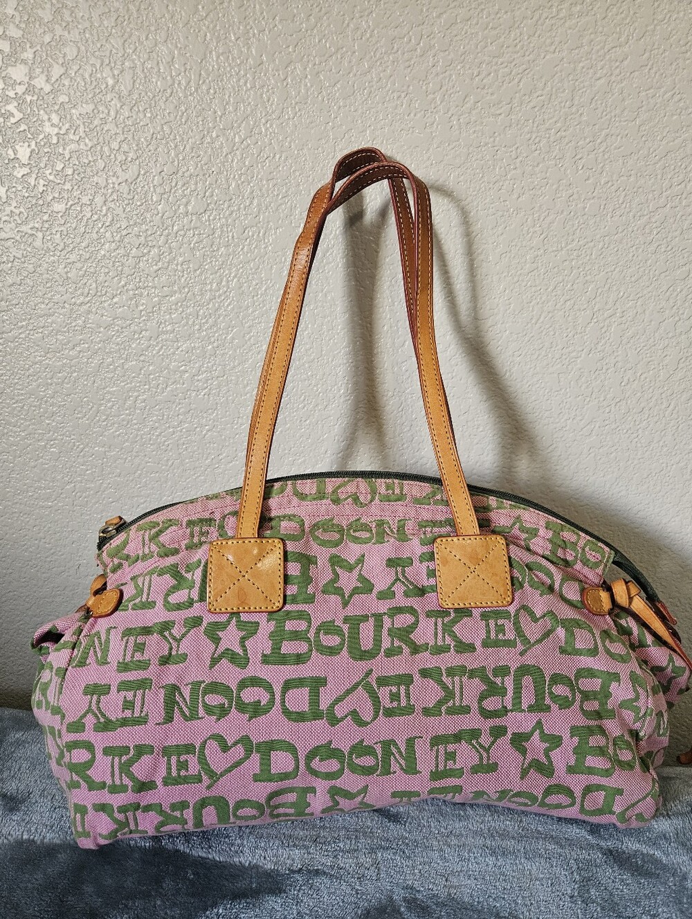 Dooney & Bourke Pink and Green Logo Canvas Shoulder Bag with Tan Leather Handles